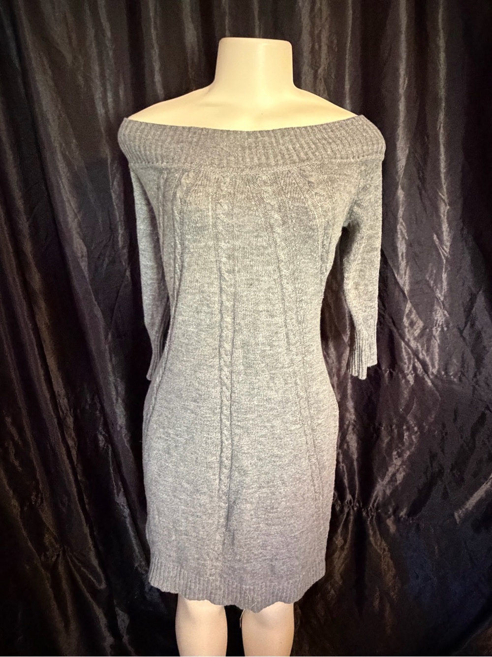 New York & Company Off-Shoulder Gray Cable Knit Dress